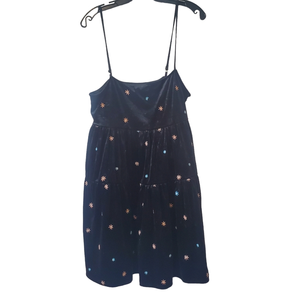 NWT Forever 21 Black Velvet Floral Embroidered Dress Blue Pink Size Large